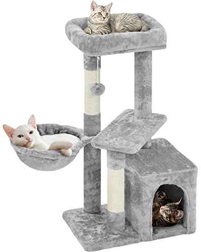 Yaheetech Petit Arbre à Chat Multiniveau Tour pour Chat avec Poteaux Griffoir Cordes Sisal Cachette Panier Niche Plateforme Boule Suspendue Arbre à Grimper 87 cm de Haut Gris Clair