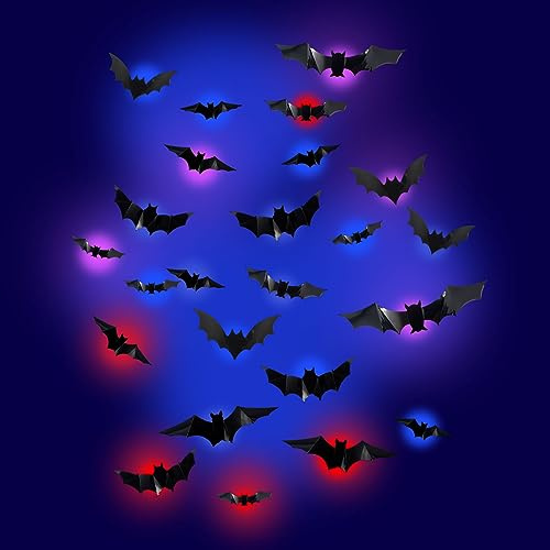 Suewidfay 24 decoraciones de murciélagos de Halloween con iluminación LED 3D DIY horrible Halloween calcomanía de pared decoración de diferentes tamaños murciélagos de PVC para ventana, puerta, pared