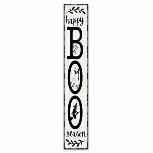 Geroclonup Halloween-Willkommensschild für Haustür, stehend, Happy Boo Saison, Holzveranda-Schild, 20 x 120 cm, vertikales Halloween-Hängeschild, hoch, vertikal, Holz, Urlaub, Willkommensschild für