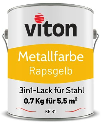 Viton Metallfarbe in Gelb - 0,7 Kg Metall-Schutzlack Seidenmatt - Dauerhafter Schutz & Beständigkeit - 3in1 Grundierung & Deckfarbe - Metalllack direkt auf Rost - KE31 - RAL 1021 Rapsgelb