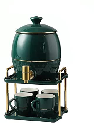 Cerámica Dispensador De Agua Con Grifo, Grifo de Acero Inoxidable, Válvula y Tapa Incluidos, Con 2 estantes de capas y 4 tazas de cerámica,Verde