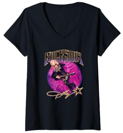 Womens Dolly Parton Pink Velvet Rockstar V-Neck T-Shirt
