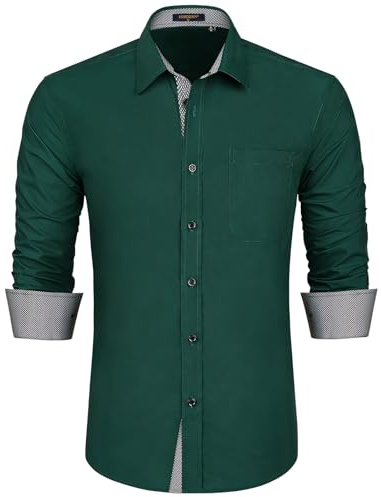 HISDERN Camicia da uomo a maniche lunghe, con bottoni, per il tempo libero da uomo, a contrasto interno, formale, affari, smoking, camicia da sposa