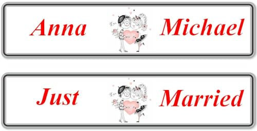 2X Hochzeit Autoschild mit Wunschtext Hochzeitsschild Hochzeitsauto Kennzeichen aus Aluminium Digital Druck (EIN Junge und EIN Mädchen)