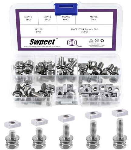 Swpeet 60pcs set 304 en acier inoxydable M6 x 10/12 / 16/18 / 20mm crosshead Motorcycle batterie terminal boulons et écrous avec kit de combinaison d'écrous carrés, ATV batterie boulons moto