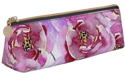Bleistifttasche, Dreieckiges Stiftetui Tragbare Bleistifttasche Ledertasche Für Das Schulbüro,Lila, Violette und lila Aquarell-Pfingstrosen-Rosen