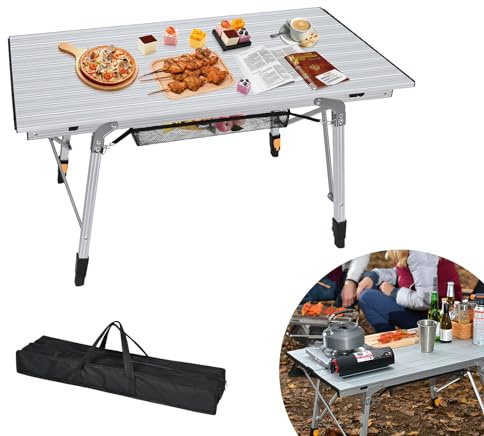 MAYTIIMO Mesa de camping plegable para exteriores, con marco de aluminio, ligera, plegable, altura regulable, incluye bolsa de transporte, para picnic, barbacoa, pesca, 90 x 52 cm hasta 30 kg, color
