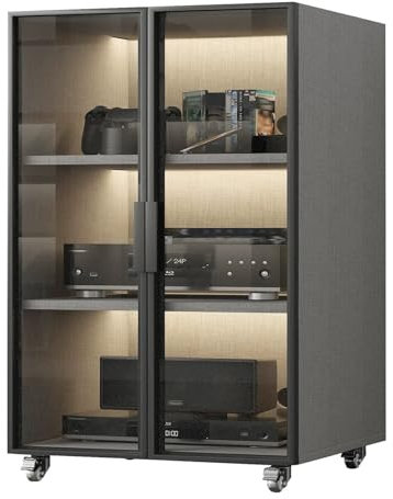 YHWKGZ Audio Rack Hi Fi Regal, 2/3-lagiger Hi Fi Rack, Verschiebbar, Mit Verstellbarer Regalhöhe, Phonoschrank mit Glastür, Record Player Stand for Zuhause/Büro/Kino(Nero,21.2x40.1/54x102cm)