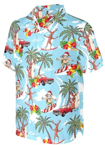 HUGLAZY Chemise hawaïenne de Noël pour Homme, Chemise Tropicale à Manches Courtes boutonnée, Tenue de fête Amusante, Père Noël Surf, XX-Large