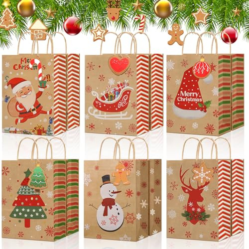 NADSSJL 12 Stück Geschenktüten Weihnachten, Papiertüten Weihnachten mit Henkel, Weihnachtstaschen aus Kraftpapier, Geschenktüten für Partyzubehör -150×80×210mm
