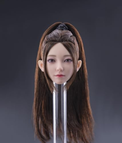 Fremego 1/6 Skala Weiblicher Kopf Skulptur,Schönheit Mädchen Mandy Gepflanzt Haar Kopf Carving für 12inch Weiblich PH TBL JO Action Figur Körper (Brauner hoher Pferdeschwanz)