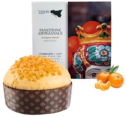 Tesori di Sicilia Panettone Artigianale ai Mandarini di Sicilia, Scatola A donna Lisabetta, Panettone a lievitazione Naturale 1Kg, Idea Regalo Natale