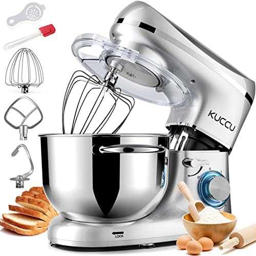 KUCCU Küchenmaschine 1500W Knetmaschine mit 7L Edelstahl-Schüssel Doppelgriffen, Rührmaschine Teigmaschine mit 6+P Geschwindigkeiten, inkl. Knethaken Schneebesen Rührhaken, Küchenmixer-Silber