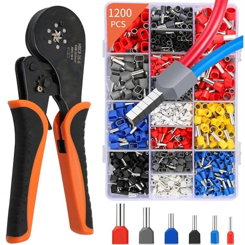 Refein pressande tångset, ferrule pressning verktygssats med 1 200 stycken 0,08 – 16 mm² klämmor set trådändar självjusterbar spärrtråd pressverktyg kit pressare tång set