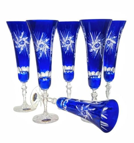 MaRika Set de verres à champagne en cristal bleu cobalt 170 ml, fait main – lot de 6, design élégant pour les occasions élégantes, idée cadeau parfaite pour les amateurs de champagne