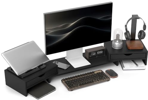 HOMCOM Dual-Monitorständer mit 2 Schubladen, Länge und Winkel verstellbar, 116 cm Monitorerhöhung für Laptop, Computer, PC, kleiner Drucker, Schwarz