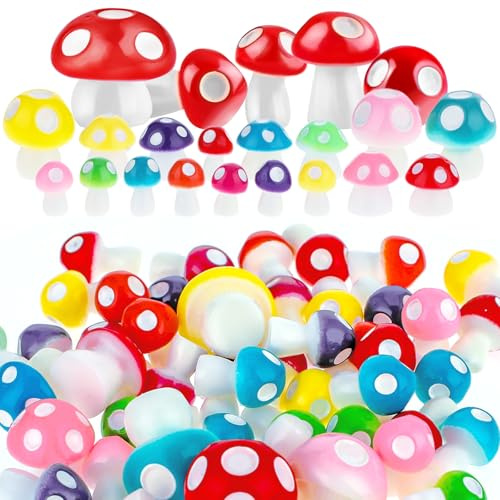 Thinp 50 Pieces Tiny Mushrooms Miniature Figurines Mini Mushroom Ornaments Fairy Garden Miniature Statue Landscape Resin Mushrooms Decorations for Bonsai Micro Landscape Craft (Colorful)