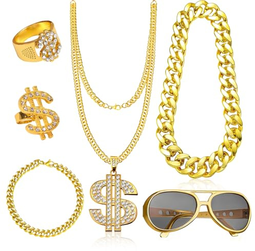 6 Stk Hip-Hop Zuhälter Kostüm Gold Digger Kostüm für Karneval, Halloween | Dollar Kette,Goldfarbenekette Kostüm,80er 90er Mottopartys,für Weihnachten, Maskerade,Geburtstagsverkleidungen