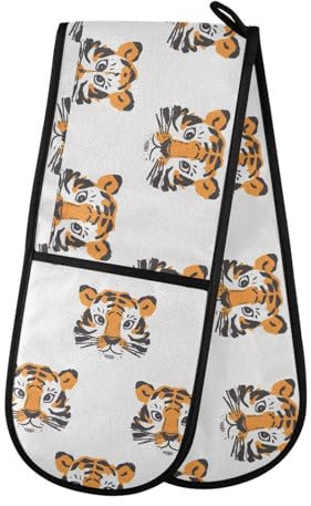 Ofenhandschuhe, doppelte Ofenhandschuhe, Tiger, Waldtiere, weiß, hitzebeständig, gesteppt, für Grill, Backen, Küche, Kochen, Handschuhe