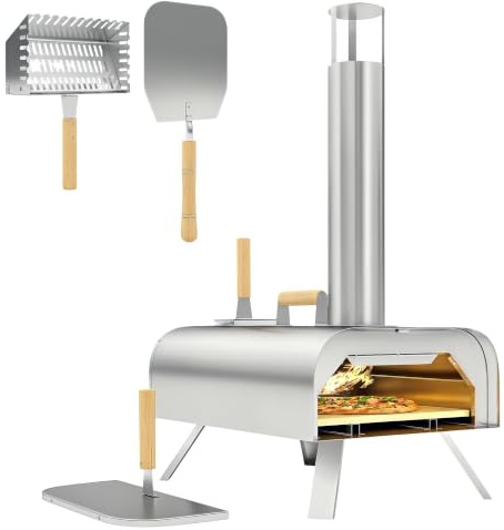 Outsunny Forno per Pizza a Pellet di Legno con Pala 79x36x75 cm Argento | Pietra Refrattaria, Forno Pizza a Legna in Acciaio Inox, Gambe Pieghevoli, Manici, Campeggio, Cortile Esterno