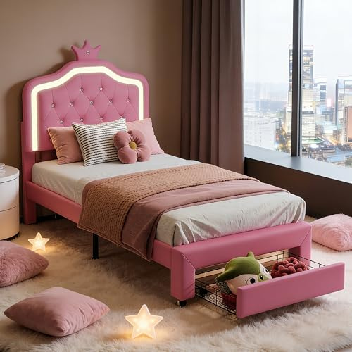 Julyue Polsterbett 90 x 200 cm für Kinder, Prinzessinnen-Kronenbett mit LED und Schubladen, Jugendbett mit höhenverstellbarem Kopfteil und Lattenrost, ohne Matratze