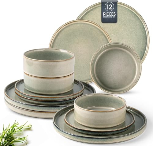 GBHOME Dinner Set for 4, Handmade 12 Piece Stoneware Plates and Bowls Set, Reactive Glaze Chip and Scratch Resistant Dinnerware Set, Dishwasher & Microwave Safe