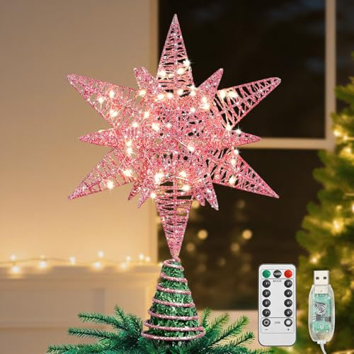 Lewondr Weihnachtsbaum Spitze Stern, 3D Sechseckig LED Lampe Weihnachtsstern Baumspitze mit Timer/8 Lichtmodi, USB-betrieben Fernbedienung Weihnachtsdeko Weihnachtsbaum Stern,Warmes Licht, Rosa