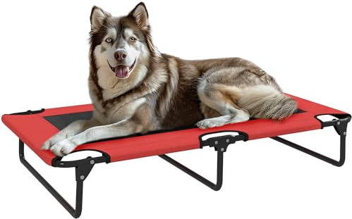 PawHut Raised Dog Bed for Large Dogs 107 x 61 x 20 cm Red | Portable Elevated Pet Cot, Breathable Mesh, Indoor Outdoor Use