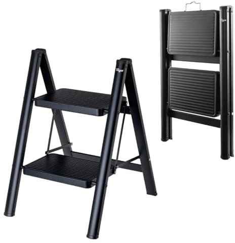 Vigar Escabeau Pliable à 2 marches jusqu'à 150 kg, léger, antidérapant, en Acier, avec poignée en métal, pour la Maison, Noir | Escabeau pliable en acier léger et antidérapant avec poignée en métal pour la maison, tabouret à 2 marches
