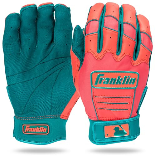 Franklin Sports MLB Baseball-Schlaghandschuhe – CFX Pro Schlaghandschuhe für Erwachsene und Jugendliche, Baseball- und Softball-Ausrüstung, hochwertiges Leder, Blaugrün/Koralle, Größe S