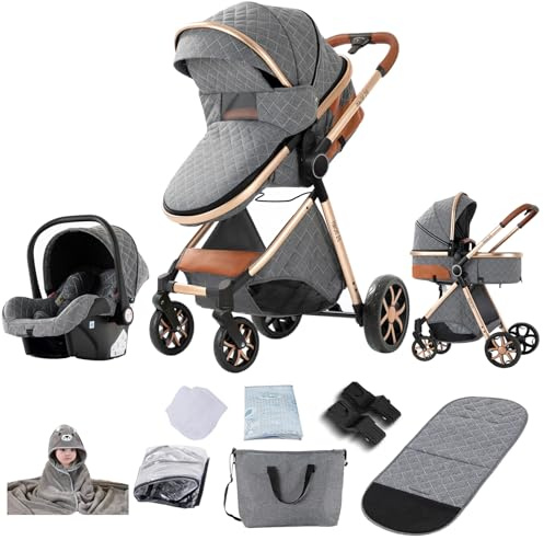 Reenborn Kinderwagen 3 in 1, Buggy mit Ein-Klick-Faltdesign, Kinderwagen mit Zwei Umkehrbaren Schiebemodi, Kombikinderwagen 3 in 1 Komplettset mit Rahmen Aluminiumlegierung (YV9 Grey)