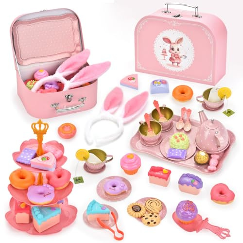 YANGUN Tea Party Set for Little Girls, 50PCS Tea Set for Toddlers Including Tea Set Dessert Carrying Case, Toddler Princess Toy Tea Set for Girls Birthday Toddler Age 3-8 (Bunny Tea Party Set)