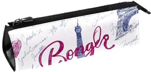 VAPOKF Bonjour Paris Tour Eiffer Trousse à crayons Trousse à crayons Pochette cosmétique Sac Compact Zipper Bag