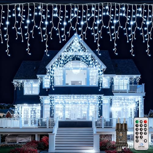 LuJasi Luci Natale Esterno,5M 216LED Tenda Luminosa Natale e Telecomando 8 Modalità 4 Luminosità, Timer per Balcone Tetto Giardino Casa, Balcone, Matrimoni, Feste blanc