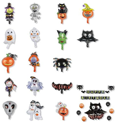 17 Stück Halloween Deko Luftballons - Fledermaus, Spinne, Kürbis, Hexe, Skelett, Geist Helium Ballon Set für Bar, Home, Kinder Grusel Party Dekorationen