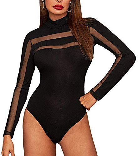 FeMereina Long Sleeve Mesh Bodysuit for Women, Sheer Mesh Top Turtleneck See Through Leotard Jumpsuit Snap Crotch Clubwear (Black#1, S-)