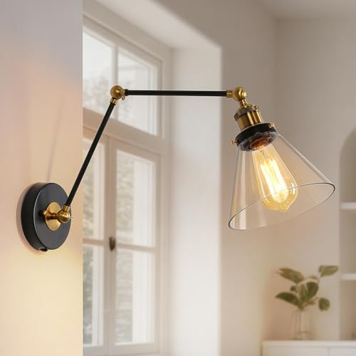 LOG BARN Swing Arm Wall Sconce Plug-in or Hardwire, Adjustable Black Antique Brass Wall Lamp with Clear Glass Shade, Reading Light for Bedroom, Living Room, Office