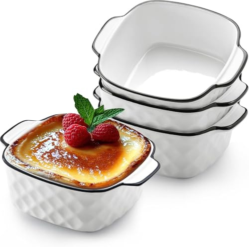 13Oz Ceramic Baking Dish, 4 Pack Small Oven Dish Set, Square Individual Pie Dish with Handles, Porcelain Soup Bowls Ceramic Bakeware for Microwave & Air Fryer Safe.
