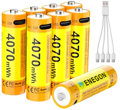 ENEGON Pack de 8 Pilas AA de Litio Recargables USB-C 4070 mWh 1,5V Voltaje Constante con Cable de Carga 1 a 4 Potencia Elevada para Mandos de Juegos, Candados Inteligentes, Teclados y Ratones