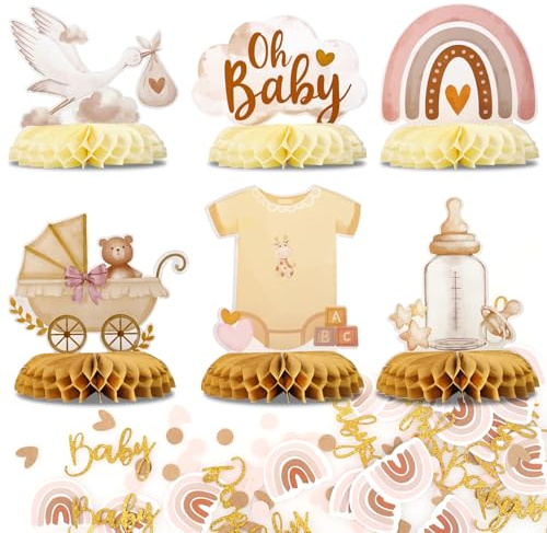 Babyparty Deko Mädchen, Tischdeko Babyparty mit Bienenwaben und Konfetti | Tischdeko Babyparty mit Storch-Geburtsmotiv und Baby Konfetti für Baby Party, Babyshower Party und besondere Feiern