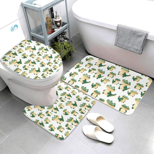 Nevjipu Set di 3 tappeti da bagno con stampa verde alligatore, assorbenti, antiscivolo, lavabili, a forma di U, tappetino per WC, tappetino per il contorno del WC, tappetino morbido per doccia e vasca