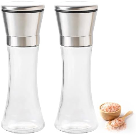 Salt Grinder and Pepper Grinder Set, Refillable Glass Grinders for Kitchen Use, Adjustable Coarseness for Various Spices, Stainless Steel High Capacity Mills with Transparent Containers