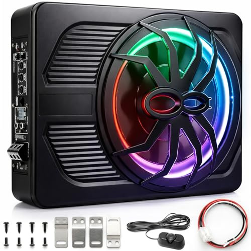 Subwoofer activo para coche, 800 W, ultrafino, 10 pulgadas, con amplificador integrado, filtro de paso bajo 50-150 Hz, 24 dB de graves fuertes, con controlador y circuitos de protección, luz LED