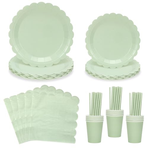 125 Stück Partygeschirr Set Grün für 25 Gäste, Gewellte Salbeigrün Partygeschirr Set Pappteller, Servietten, Becher, Salbeigrün Geschirrset für Party Deko Babypartys Geburtstag Hochzeiten Konfirmation