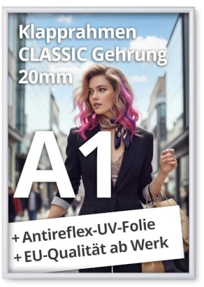 net-xpress® A1 Klapprahmen DIN A1 Plakatrahmen 20 mm silber | mit Antireflex-UV-Folie | Posterrrahmen aus Alu mit Gehrungsecken | inkl. Schrauben & Dübel | Wechselrahmen A1 Hoch- & Querformat