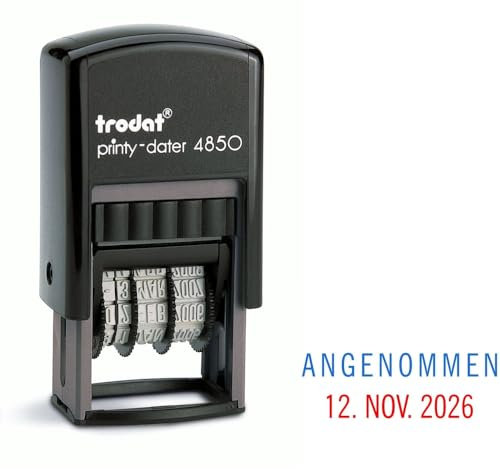 Trodat Printy Dater 4850 Datumstempel mit 2farbigem Kissen blau/rot + Wunschtext, Stempeltext:A N G E N O M M E N