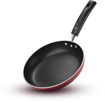 Vinod Zest Inducto Non-Stick Frying Pan,Red Aluminium Skillet with 3 Layer Swiss Coating,Induction Base, Metal Spoon Safe,Ideal Egg Pan for Omelettes, Sausages, Veggies, 3mm Thick Body (26 cm)