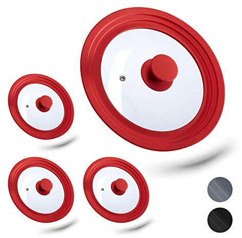 Relaxdays 4 x Topfdeckel universal, Flexibler Glasdeckel mit Silikonrand & Dampfloch, Töpfe & Pfannen mit Ø 20-24cm, rot