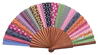 Tusitala Barcelona - Patchwork Hand Fan | Handcrafted Spanish Hand Fan | Cotton Fabric and Wood | Includes Protective Jute Cotton Bag | Authentic Gift | 23cm - 9”.