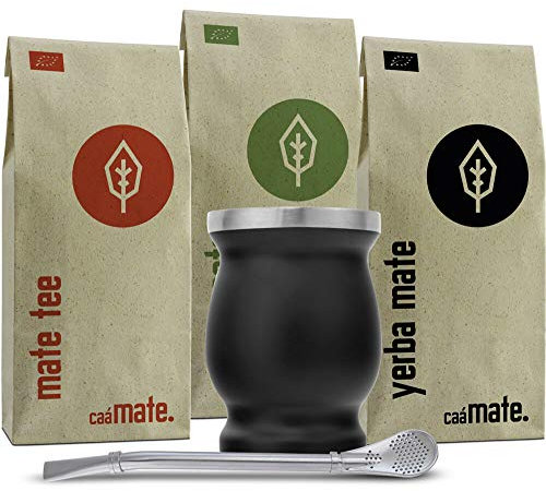 Mate Tee Set Bio ● 3 Matesorten + doppelwandiger Edelstahl Matebecher + Bombilla + Zubereitungsanleitung (schwarz)